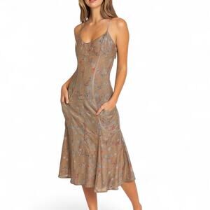 Vintage 90s Transit Par-Such Silk Floral Corset Slip Dress Midi Italy Pockets